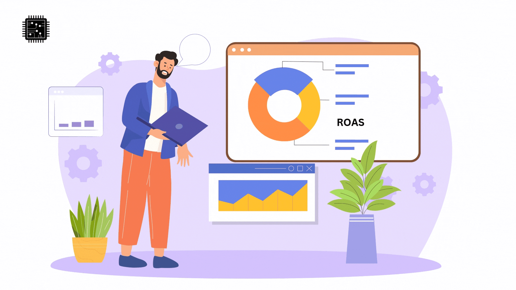 Illustration of an analyst reviewing a ROAS dashboard with charts