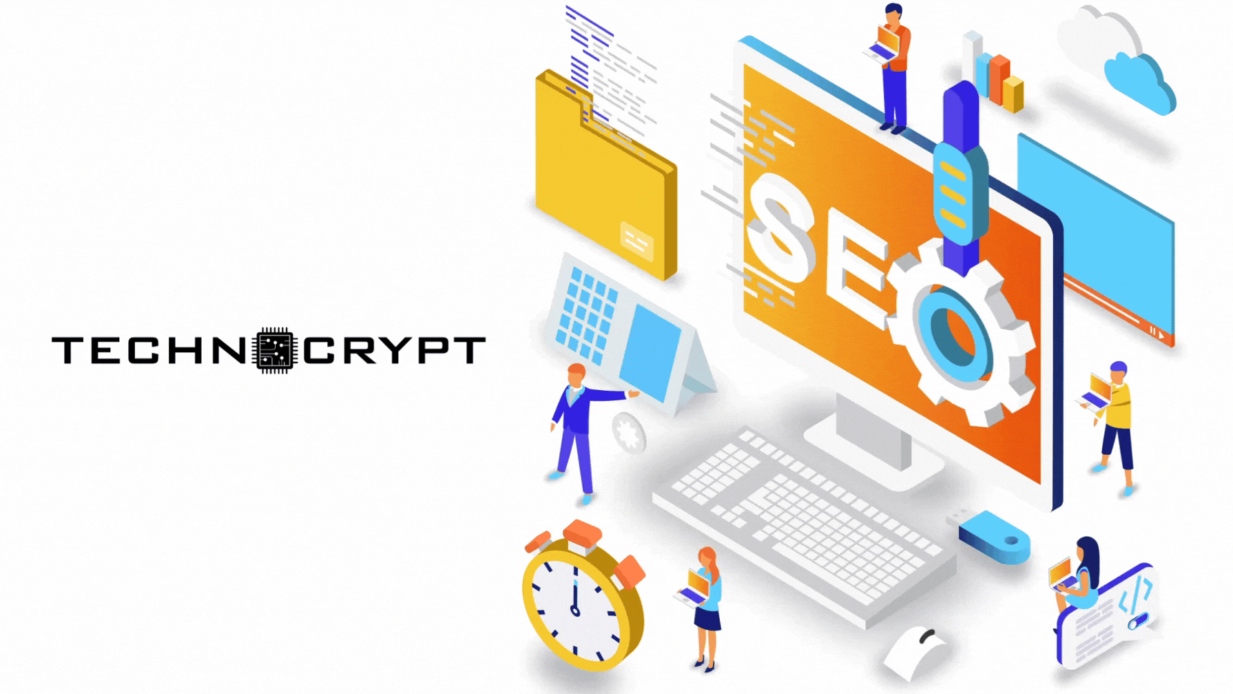 Isometric illustration of a team working on SEO around a computer