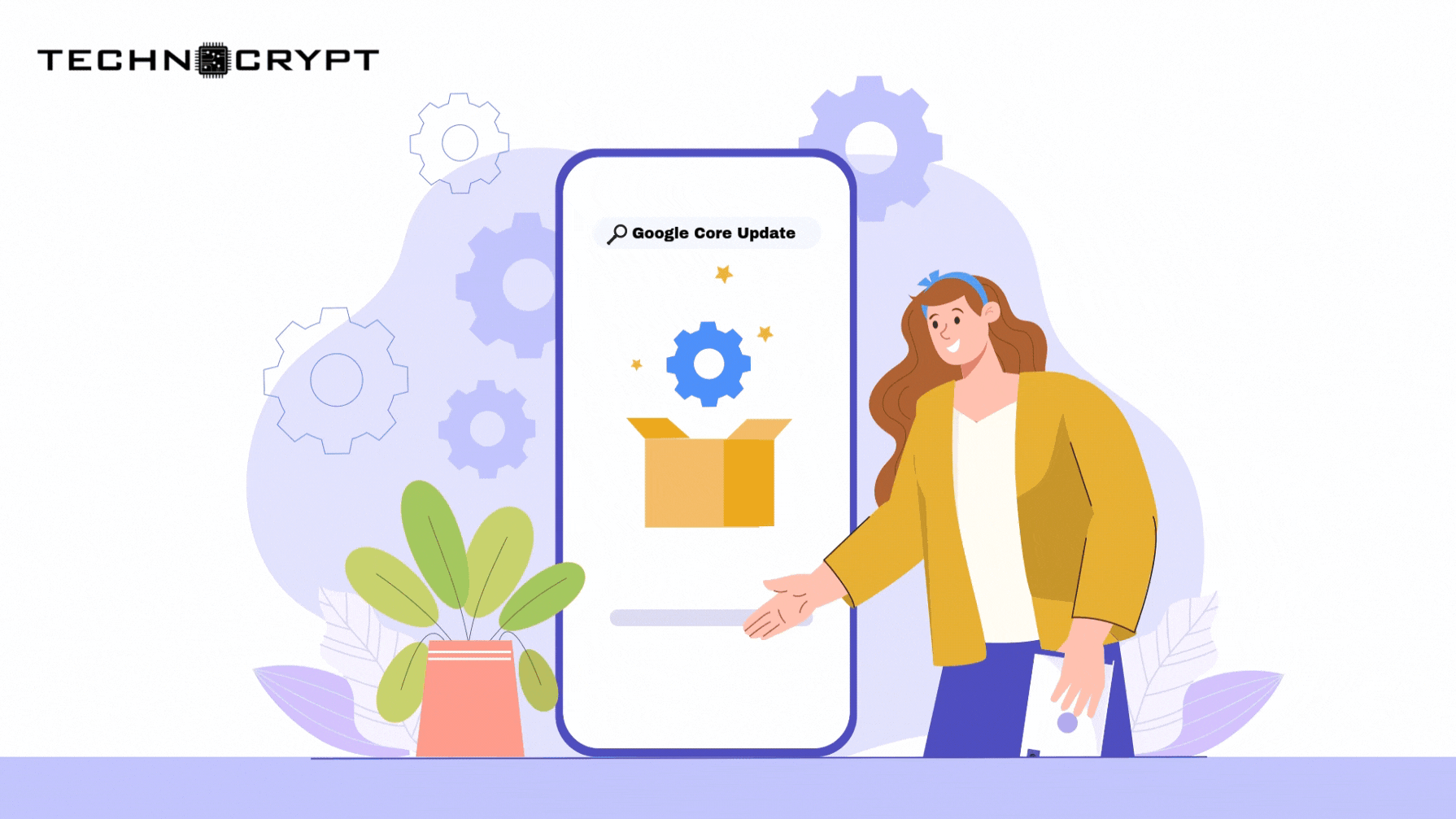 Illustration of a woman reviewing the Google core update on a large smartphone